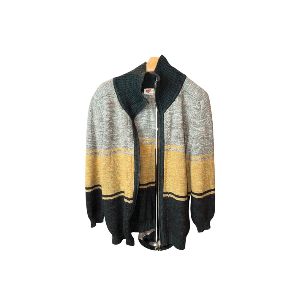 Vintage Full Zip Colorblock Knit Cardigan Green Yellow Grey Size L